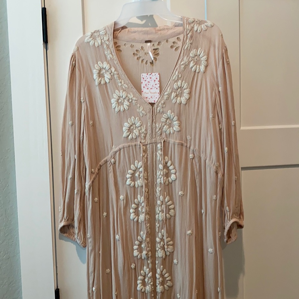 Free People Peach Embroidered Fable Midi Dress